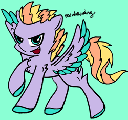 Size: 1860x1742 | Tagged: safe, artist:rainbowwing, imported from derpibooru, oc, oc only, oc:tropico cyclo, pegasus, pony, blue background, chest fluff, colored hooves, cyan background, looking at you, male, open mouth, raised hoof, signature, simple background, smiling, smirk, solo, spread wings, wings