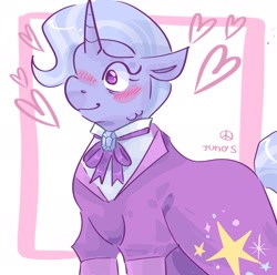 Size: 2048x2033 | Tagged: safe, artist:dmitrymemovznok, imported from derpibooru, trixie, pony, unicorn, blushing, clothes, counselor trixie, cute, diatrixes, female, heart, mare, older, older trixie, shirt, solo, suit