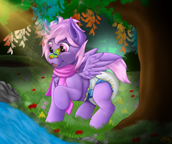 Size: 1280x1075 | Tagged: safe, artist:wittleskaj, imported from derpibooru, oc, oc only, oc:sigma, butterfly, pegasus, chest fluff, clothes, diaper, female, filly, foal, forest, grass, leaves, non-baby in diaper, pegasus oc, scarf, solo, tree