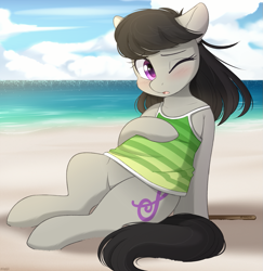 Size: 1167x1200 | Tagged: safe, artist:higgly-chan, imported from derpibooru, octavia melody, earth pony, pony, beach, blushing, clothes, cute, female, hot, leaning back, mare, ocean, one eye closed, sand, sitting, solo, summer, swimsuit, tavibetes, water
