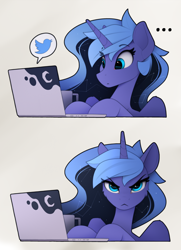 Size: 2210x3045 | Tagged: safe, artist:yakovlev-vad, imported from derpibooru, princess luna, alicorn, pony, ..., 2 panel comic, :<, angry, cheek fluff, comic, computer, computer reaction faces, constellation, cute, ethereal mane, eye clipping through hair, eyebrows, eyebrows visible through hair, female, frown, high res, horn, lacrimal caruncle, laptop computer, looking at you, luna is not amused, lunabetes, madorable, mare, meta, mug, reaction image, s1 luna, seriously, simple background, slim, solo, speech bubble, starry mane, thin, twitter, unamused, white background, wings