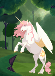 Size: 6203x8500 | Tagged: safe, artist:neighbaby, imported from derpibooru, princess celestia, alicorn, pony, absurd file size, absurd resolution, colored wings, female, forest, frown, hoers, mare, open mouth, pink-mane celestia, rearing, red eyes, solo, the last unicorn, tree, wings