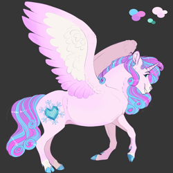 Size: 3000x3000 | Tagged: safe, artist:neighbaby, imported from derpibooru, princess flurry heart, alicorn, pony, brown background, cloven hooves, colored hooves, colored wings, cutie mark, dark background, eyebrows, female, grin, high res, hoers, looking at you, mare, older, older flurry heart, simple background, smiling, smiling at you, solo, spread wings, wings