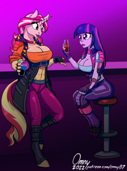 Size: 1200x1613 | Tagged: safe, artist:omny87, imported from derpibooru, sunset shimmer, twilight sparkle, anthro, cyborg, unguligrade anthro, unicorn, equestria girls, abs, alcohol, bare midriff, barstool, boots, breasts, busty sunset shimmer, busty twilight sparkle, clothes, cyberpunk, drink, duo, duo female, female, fingerless gloves, gloves, jacket, pants, pony coloring, shadowrun, shoes