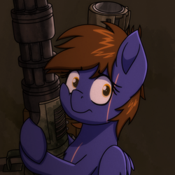 Size: 2000x2000 | Tagged: safe, artist:memeancholy, imported from derpibooru, oc, oc only, oc:dauntless, pegasus, pony, fallout equestria, bust, cheek squish, female, frown, gun, high res, holding, hoof hold, mare, missile launcher, pegasus oc, scar, short hair, shoulder-mounted machine gun, solo, squishy cheeks, weapon