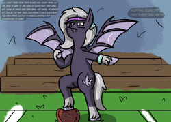 Size: 2100x1500 | Tagged: safe, artist:hemlock conium, imported from derpibooru, oc, oc only, oc:nightfall star-tail, bat pony, clothes, digital art, female, hoofball, mare, school of friendship, simple background, simple shading, solo, sports, text