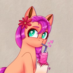 Size: 1280x1280 | Tagged: safe, artist:galaxy swirl, imported from derpibooru, sunny starscout, earth pony, pony, bendy straw, colored pupils, drinking straw, eye clipping through hair, eyebrows, eyebrows visible through hair, female, floating heart, flower, flower in hair, g5, heart, heart eyes, hoof hold, mare, my little pony: a new generation, signature, smoothie, solo, unshorn fetlocks, wingding eyes