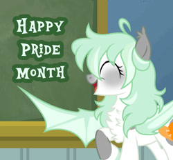 Size: 1280x1189 | Tagged: safe, artist:moonert, imported from derpibooru, oc, oc only, bat pony, pony, bat pony oc, bat wings, chalkboard, chest fluff, eyelashes, eyes closed, female, indoors, mare, pride month, raised hoof, smiling, solo, wings