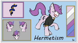 Size: 1192x670 | Tagged: safe, artist:schumette14, imported from derpibooru, oc, oc:hermetism, unicorn, magical lesbian spawn, next generation, offspring, parent:starlight glimmer, parent:twinkleshine, parents:starshine, reference, reference sheet, singing