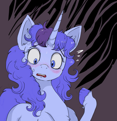 Size: 1325x1375 | Tagged: safe, artist:paskanaakka, derpibooru exclusive, imported from derpibooru, oc, oc only, oc:midnight dew, pony, unicorn, abstract background, blushing, ear fluff, eyebrows, eyebrows visible through hair, female, horn, mare, nervous, open mouth, raised hoof, solo, sweat, unicorn oc, unshorn fetlocks