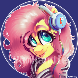 Size: 3500x3500 | Tagged: safe, artist:yumkandie, imported from derpibooru, fluttershy, pegasus, pony, :p, bust, cheek fluff, chest fluff, clothes, cute, daaaaaaaaaaaw, fangs, freckles, headphones, high res, hoodie, implied flutterdash, implied lesbian, implied shipping, portrait, shyabetes, signature, solo, stray strand, tongue out, watermark