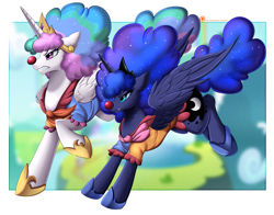 Size: 3217x2527 | Tagged: safe, artist:pridark, imported from derpibooru, princess celestia, princess luna, alicorn, pony, the cutie re-mark, afro, alternate timeline, chaotic timeline, clown, clown celestia, clown luna, clown nose, high res, majestic as fuck, red nose, royal sisters, scene interpretation, siblings, sisters