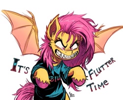 Size: 1200x977 | Tagged: safe, artist:fanzeem, imported from derpibooru, fluttershy, bat pony, pony, undead, vampire, clothes, cute, fangs, female, flutterbat, grin, it's morbin time, mare, meme, morbius, parody, race swap, sharp teeth, shirt, shyabates, shyabetes, simple background, smiling, solo, t-shirt, teeth, unshorn fetlocks, white background