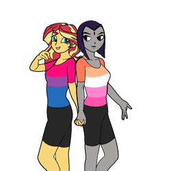 Size: 768x768 | Tagged: safe, artist:thatradhedgehog, imported from derpibooru, sunset shimmer, human, equestria girls, bisexual pride flag, dc comics, lesbian pride flag, pride, pride flag, pride month, raven (dc comics), shimrav, simple background, teen titans, transparent background