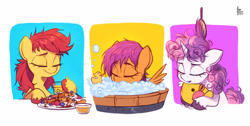 Size: 3888x1960 | Tagged: safe, artist:fanzeem, imported from derpibooru, apple bloom, scootaloo, sweetie belle, earth pony, pegasus, pony, unicorn, abstract background, adorabloom, bathing, blueberry, brush, brushing, bubble, bubble bath, cute, cutealoo, cutie mark crusaders, diasweetes, eyes closed, female, filly, foal, food, fruit, herbivore, juice, messy mane, morning ponies, plushie, rubber duck, signature, spread wings, strawberry, syrup, tired, unshorn fetlocks, waffle, whipped cream, wings