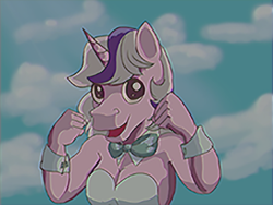 Size: 1080x810 | Tagged: safe, alternate version, artist:imiya, imported from derpibooru, twilight, anthro, unicorn, cloud, daicon iv, female, g1, solo