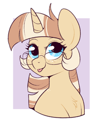 Size: 602x741 | Tagged: safe, artist:lulubell, imported from derpibooru, oc, oc only, oc:lulubell, pony, unicorn, :p, alternate hairstyle, chest fluff, eyebrows, female, freckles, glasses, horn, looking at you, mane swap, mare, raspberry, smiling, smiling at you, solo, tongue out, unicorn oc