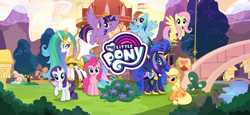 Size: 1666x768 | Tagged: safe, imported from derpibooru, applejack, fluttershy, pinkie pie, princess celestia, princess luna, rainbow dash, rarity, twilight sparkle, alicorn, earth pony, pegasus, pony, unicorn, armor, bridge, female, fountain, gameloft, loading screen, mane six, mare, my little pony logo, official, ponyville, ponyville town hall, twilight sparkle (alicorn), video game