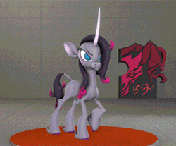 Size: 300x248 | Tagged: safe, artist:pika-robo, imported from derpibooru, classical unicorn, unicorn, them's fightin' herds, 3d, animated, awwleander, book, cloven hooves, community related, curved horn, cute, dancing, dark magic, female, frown, gif, horn, idle animation, leonine tail, magic, magic aura, mythology gag, oleander (tfh), smiling, solo, source filmmaker, stage, sway, tail, taunting, test, unicornomicon, unshorn fetlocks, white eyes