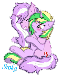 Size: 417x499 | Tagged: safe, alternate version, artist:sroka001, imported from ponybooru, oc, oc:candy cane, oc:iron sonata, pony, unicorn, fallout equestria, cousins, cute, fallout equestria: foal of the wastes, female, filly, foal, hug, mare, ocbetes, pink coat, scrunchy face, signature, smiling, two toned mane