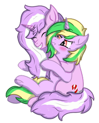 Size: 406x506 | Tagged: safe, artist:sroka001, imported from ponybooru, oc, oc:candy cane, oc:iron sonata, pony, unicorn, fallout equestria, cousins, cute, fallout equestria: foal of the wastes, female, filly, foal, hug, mare, ocbetes, pink coat, ponybooru collab 2022, scrunchy face, signature, smiling, two toned mane