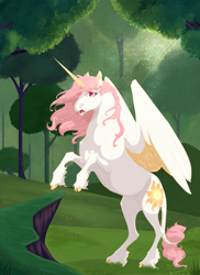 Size: 6203x8500 | Tagged: safe, artist:neighbaby, imported from derpibooru, princess celestia, female, forest, pink-mane celestia, rearing, solo, solo female, the last unicorn