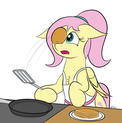 Size: 2138x2160 | Tagged: safe, artist:wapamario63, imported from ponybooru, fluttershy, pegasus, pony, alternate hairstyle, apron, chest fluff, clothes, colored, cute, female, flat colors, food, frying pan, mare, open mouth, pancakes, ponytail, simple background, solo, this will end in pain, transparent background