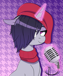 Size: 6380x7680 | Tagged: safe, artist:niggerdrawfag, imported from derpibooru, pony, unicorn, beret, clothes, commission, female, g5, hair over one eye, half body, hat, houndstooth, magic, magic aura, mare, microphone, onyx, scarf, solo, telekinesis, tiled background