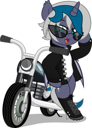 Size: 3625x5000 | Tagged: safe, artist:jhayarr23, imported from derpibooru, oc, oc only, oc:elizabat stormfeather, alicorn, bat pony, bat pony alicorn, pony, alicorn oc, badass, bat pony oc, bat wings, biker, bipedal, boots, clothes, commission, cool, fangs, female, horn, jacket, leather jacket, mare, motorcycle, open mouth, shirt, shoes, simple background, solo, sunglasses, t-shirt, transparent background, wings, ych result