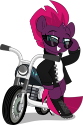 Size: 3337x4999 | Tagged: safe, artist:jhayarr23, imported from derpibooru, fizzlepop berrytwist, tempest shadow, pony, unicorn, badass, biker, bipedal, boots, broken horn, clothes, commission, cool, eye scar, female, grin, horn, jacket, leather jacket, mare, motorcycle, scar, shirt, shoes, simple background, smiling, solo, sunglasses, t-shirt, transparent background, ych result