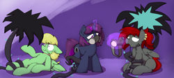 Size: 5130x2321 | Tagged: source needed, safe, artist:wallswallswalls, imported from derpibooru, oc, oc:asphyxia, oc:bwae, oc:lemming, pegasus, pony, unicorn, black vine, gas mask, mask