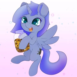 Size: 3000x3000 | Tagged: safe, artist:zokkili, imported from derpibooru, princess luna, alicorn, pony, colored eyelashes, cookie, cookie jar, cute, ear fluff, ethereal mane, female, filly, foal, food, gradient background, horn, jar, lunabetes, open mouth, pink background, simple background, solo, white background, wings, woona, younger