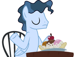 Size: 932x692 | Tagged: safe, artist:moonlightthegriffon, edit, imported from derpibooru, time flies, pegasus, pony, background pony, banana split, base used, chair, eyes closed, food, frown, male, shrug, simple background, solo, stallion, sundae, table, white background