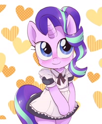 Size: 1986x2400 | Tagged: safe, artist:k-nattoh, imported from derpibooru, starlight glimmer, pony, semi-anthro, unicorn, bipedal, clothes, cute, female, glimmerbetes, heart, heart background, horn, maid, mare, simple background, smiling, solo, white background