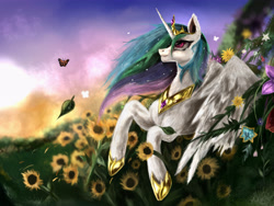 Size: 4000x3000 | Tagged: safe, artist:andley, imported from derpibooru, princess celestia, alicorn, pony, female, flower, jewelry, leaves, mare, morning, smiling, solo, sun, sunflower