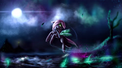 Size: 3547x1993 | Tagged: safe, artist:andley, imported from derpibooru, oc, oc only, oc:purple haze, changeling, hybrid, cloud, female, flapping wings, flying, glowing, happy, high res, insect wings, leaves, lighthouse, moon, mountain, night, open mouth, open smile, signature, smiling, solo, water, wings