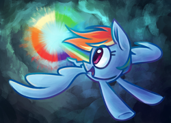 Size: 1400x1000 | Tagged: safe, artist:gektix, imported from derpibooru, rainbow dash, pegasus, pony, cloud, eye clipping through hair, female, flying, lightly watermarked, looking back, mare, open mouth, open smile, rainbow, smiling, solo, sonic rainboom, spread wings, watermark, wings