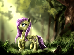 Size: 4000x3000 | Tagged: safe, artist:andley, imported from derpibooru, fluttershy, pegasus, crepuscular rays, female, forest, grass, leaves, lost, solo, tree