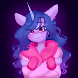 Size: 2117x2117 | Tagged: safe, artist:cherubisous, imported from derpibooru, izzy moonbow, anthro, unicorn, bathrobe, clothes, crossed arms, eye clipping through hair, female, frown, g5, looking at you, mare, robe, simple background, solo, tired