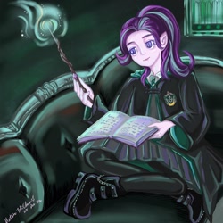 Size: 2048x2048 | Tagged: safe, artist:meteor flicker, imported from derpibooru, starlight glimmer, human, book, elf ears, harry potter (series), humanized, magic, magic wand, pony coloring, slytherin, solo, starry eyes, wand, wingding eyes