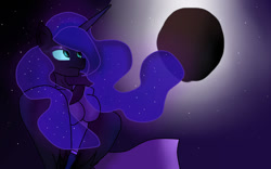 Size: 874x544 | Tagged: safe, artist:manglethemangledtoy, imported from derpibooru, nightmare moon, anthro, clothes, eclipse, female, horn, moon, night, solar eclipse, sparkles, stars, wings