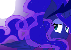 Size: 1456x1022 | Tagged: safe, artist:manglethemangledtoy, imported from derpibooru, princess luna, alicorn, pony, crown, eyeshadow, female, horn, jewelry, makeup, mare, moon, night, regalia, sparkles, wings