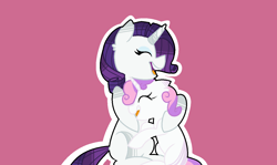 Size: 1274x759 | Tagged: safe, artist:manglethemangledtoy, imported from derpibooru, rarity, sweetie belle, pony, unicorn, belle sisters, eyes closed, eyeshadow, female, filly, foal, horn, hug, makeup, mare, pink background, siblings, simple background, sitting, smiling