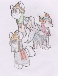 Size: 3909x5110 | Tagged: safe, artist:foxtrot3, imported from derpibooru, earth pony, hippogriff, pegasus, pony, armor, boots, chainmail, clothes, dragon kingdom guard, group, helmet, leather, leather armor, leather boots, scarf, shoes, traditional art, trio