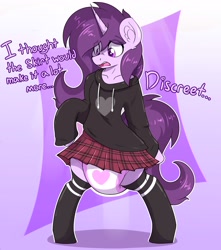 Size: 3312x3750 | Tagged: safe, artist:crnklbox, imported from derpibooru, oc, oc only, oc:czupone, unicorn, bipedal, clothes, crossdressing, diaper, diaper fetish, fetish, hoodie, male, non-baby in diaper, poofy diaper, skirt, solo, stallion, stockings, thigh highs