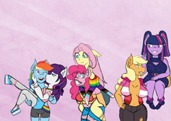 Size: 2591x1846 | Tagged: safe, artist:mintymelody, imported from derpibooru, applejack, fluttershy, pinkie pie, rainbow dash, rarity, twilight sparkle, anthro, bandaid, bandaid on nose, bicep carry, bridal carry, carrying, cheek kiss, clothes, female, flutterpie, kissing, lesbian, mane six, open clothes, open shirt, piggyback ride, pigtails, pride, pride flag, raridash, shipping, strong, twijack, twintails