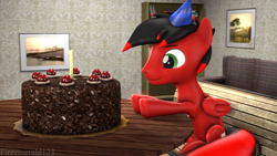 Size: 3840x2160 | Tagged: safe, artist:fireemerald123, imported from derpibooru, oc, oc only, oc:page feather, pegasus, 3d, birthday, bookshelf, cake, couch, food, hat, painting, party hat, portal (valve), source filmmaker, the cake is a lie