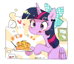 Size: 2124x1848 | Tagged: safe, artist:fuyugi, imported from derpibooru, twilight sparkle, alicorn, pony, bow, food, hair bow, heart, licking, licking lips, mug, pancakes, solo, tongue out, twilight sparkle (alicorn), window