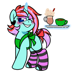 Size: 1000x1000 | Tagged: safe, artist:paperbagpony, imported from derpibooru, oc, oc only, oc:sweet spot, pony, unicorn, apron, barista, bow, clothes, coffee, coffee mug, horn, magic, magic aura, mug, simple background, socks, solo, striped socks, tail, tail bow, unicorn oc, white background