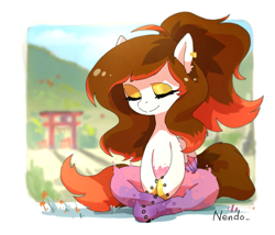 Size: 2385x2040 | Tagged: safe, artist:fuyugi, imported from derpibooru, oc, oc only, oc:dayspring temper, pegasus, pony, colored hooves, ectoplasm, eyes closed, high res, lotus position, magic, magic aura, meditating, meditation, outdoors, pegasus oc, sitting, torii